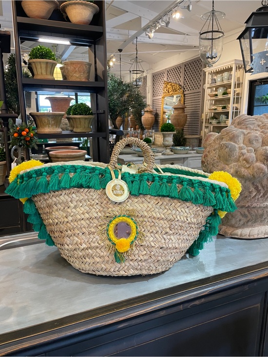 Tizzini x Authentic Provence Handbags - Tizzini x Authentic Provence Woven Straw Tote with Green Fringe and Yellow Poms